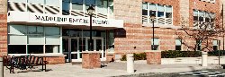 Exterior of a school, front entrance, no students visible